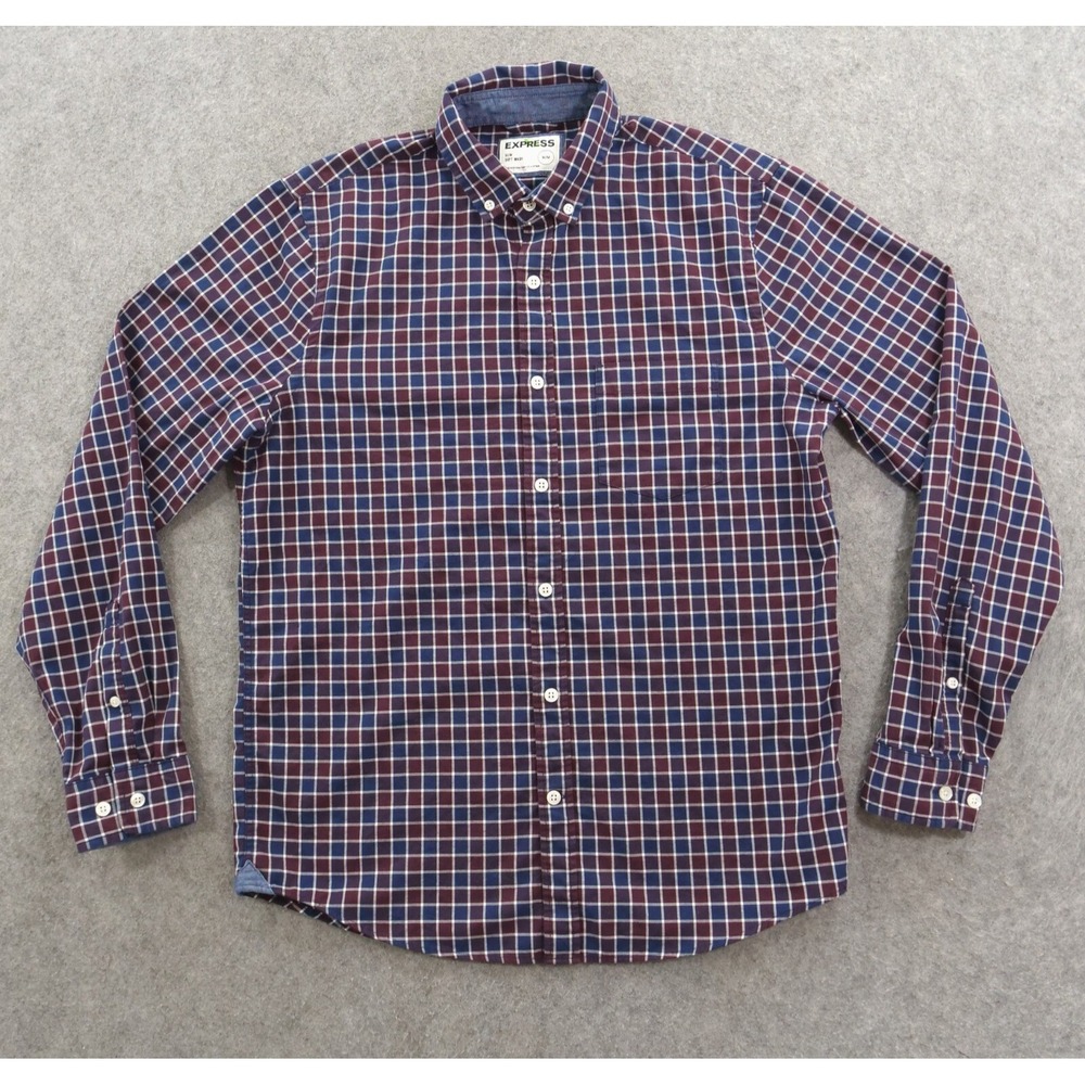 Express Shirt Mens Medium Blue Purple Button Down Twill Plaid Long Sleeve Slim